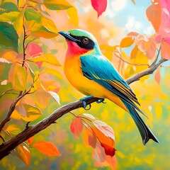 Vibrant tropical bird perched on a branch amidst a profusion of colorful blossoms, bathed in the warm glow of sunlight.
