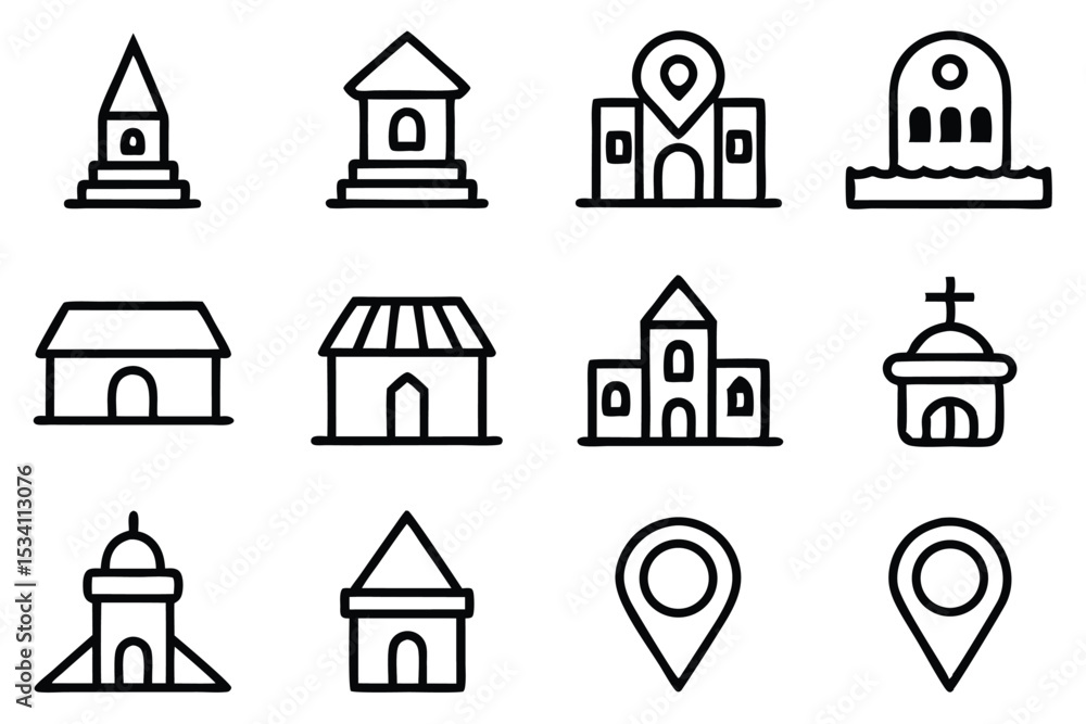 Poster set of minimalist black and white building icons for architecture and location designs