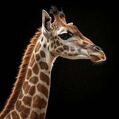 Naklejka premium Portrait of a Young Giraffe With Curious Expression: Studio-style black-background portrait of a juvenile giraffe, capturing its delicate fur, long lashes, and inquisitive gaze in fine‑art wildlife