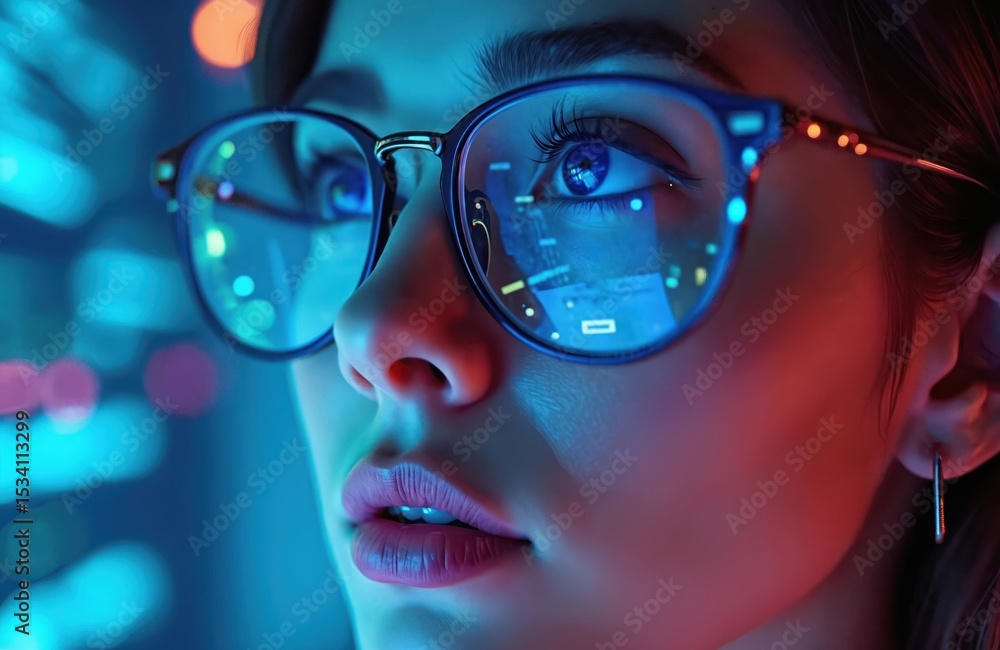 Aufkleber Woman with glasses focused on data analysis, cybersecurity. Studying coding, programming tasks, working with tech and futuristic holographic interface. Digital world.