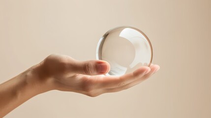 Celebrating world humanist day with a hand holding a clear sphere on a light background. Horizontal banner. Copy space. Free space for text