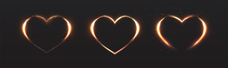 Glowing golden outlines of hearts with glitter and sparkle effect on a dark background. Romantic element for holidays and design, love feelings and bright emotions.