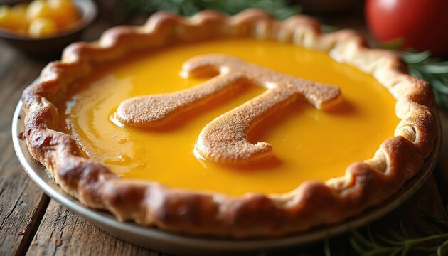 Delicious homemade pie decorated with pi symbol. Rustic kitchen setting with wooden table, tasty dessert for Pi Day celebration. Sweet baked pastry, food photography.