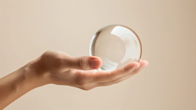 Celebrating world humanist day with a hand holding a clear sphere on a light background. Horizontal banner. Copy space. Free space for text - Powered by Adobe