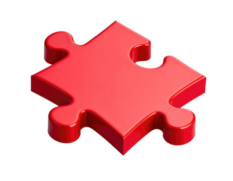 This glossy red jigsaw piece appears sleek against a solid red backdrop. Ideal for conveying themes of teamwork, problem-solving, and conceptual challenges.