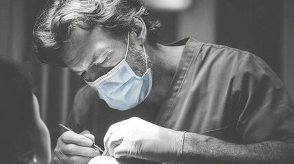 Man in surgical scrubs and mask performing a procedure with a surgical instrument