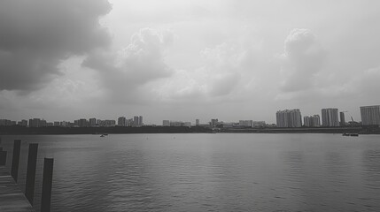 Naklejka premium Monochromatic cityscape viewed from tranquil waters, showcasing a serene urban landscape under a cloudy sky