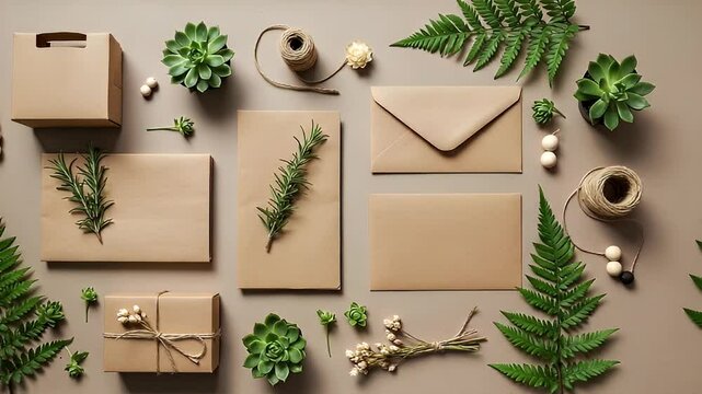 Overhead Shot Of Various Brown Paper Packages And Envelopes With Green Plants And Twine On Brown Surface