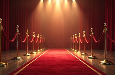 Red carpet entrance scene with spotlights. Golden stanchions with red ropes. Classic design, hollywood event background, VIP ceremony. Awards gala, premiere show, celebrity gathering, fashion week.