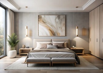Minimalist bedroom with an abstract artwork above the bed, featuring soft neutral tones, crisp bedding, and sculptural decor