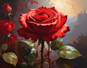 Red rose in garden with distant mountains