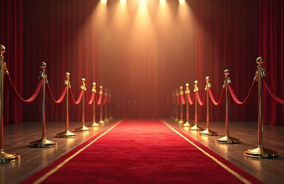 Red carpet entrance scene with spotlights. Golden stanchions with red ropes. Classic design, hollywood event background, VIP ceremony. Awards gala, premiere show, celebrity gathering, fashion week.