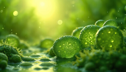 Microscopic view of algae cells in water, utilized in biofuel production. Detailed photomicrography shows organisms, nature, environment, eco, biotechnology, renewable energy. Concept of green life