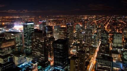 Obraz premium Night cityscape panorama showcasing a dense cluster of skyscrapers illuminated against a dark sky, with long exposure light trails from roadways