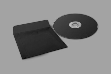 Black CD disc and black carton packaging cover envelope template mock up isolated on gray background. 3d rendering.