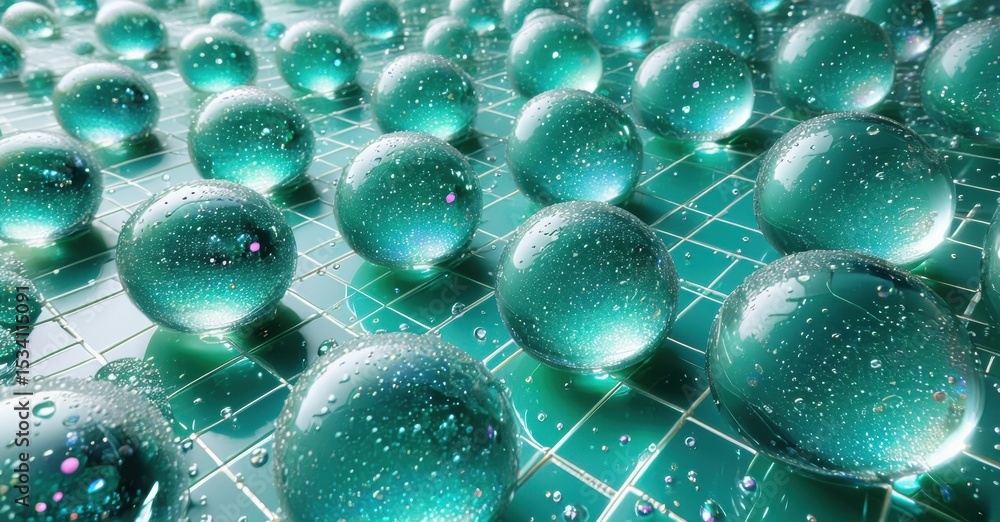 Poster Numerous glossy spheres rest upon reflective grid surface. Water droplets cover each orb, creating shimmering effect. Depth extends into distance.
