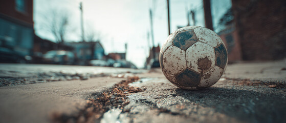 A worn soccer ball sits on a cracked concrete surface in an urban environment