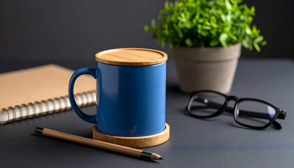 Blue Mug Mockup on Desk with Notebook, Plant and Glasses