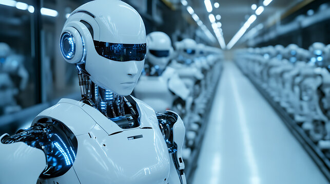 Advanced humanoid robots lined up in a futuristic industrial facility