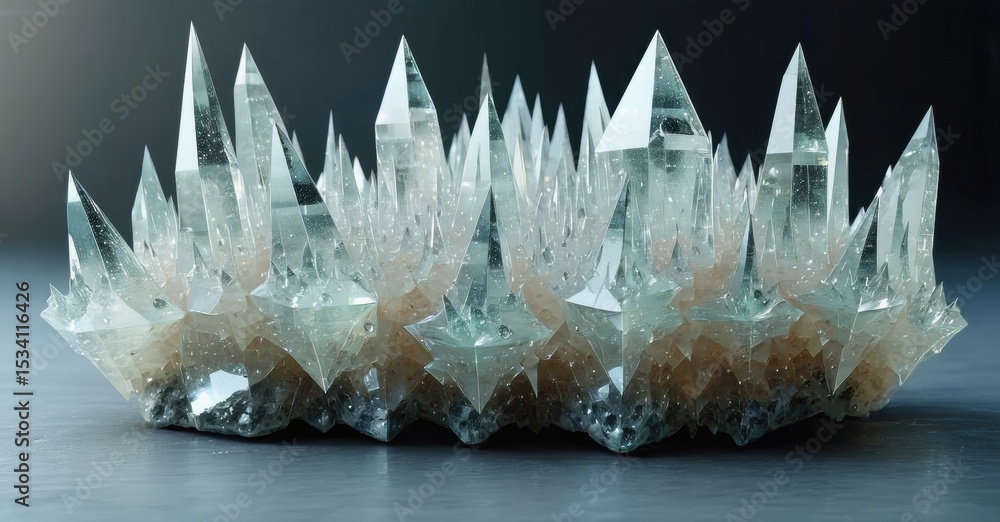 Poster crystal formation, sharp points, translucent material. light reflects off facets, creating visual te