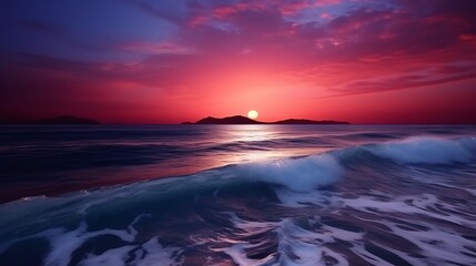 Fototapeta premium A bold, orange-hued full moon emerging above a dark ocean at twilight, the sky glowing in deep reds and purples, the waves dark and gently rolling in the moonlight.