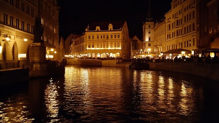 Obraz premium Night scene of a European city canal, reflecting warm lights from buildings and riverside restaurants, bustling with people
