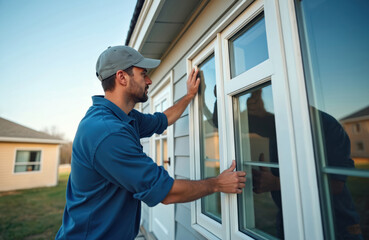 Man installs new window in home. Pro worker, construction specialist in process of installation. Window replacement, fixing glass, renovation. Repair service for apartment building. Modern window