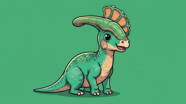 Small Dinosaur green screen cartoon parasaurolophus standing upright and smiling for animation overlays