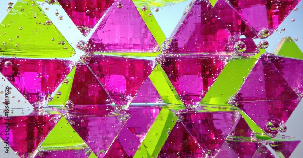 Poster Bright pink, green liquid forms geometric shapes. Bubbles float within translucent structure. Vivid colors create abstract pattern.