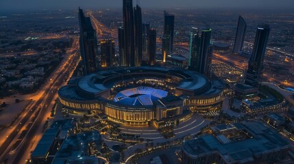 Plakat Nighttime aerial view of a sprawling city complex, featuring illuminated skyscrapers, a large circular plaza, and extensive roadways