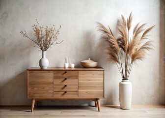 Stylish and minimalist composition on wooden design commode with copy space, dried brunch in vase, decorations and personal accessories. Template