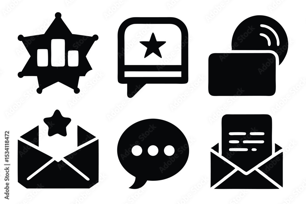 Poster collection of bold black vector icons representing communication and information elements