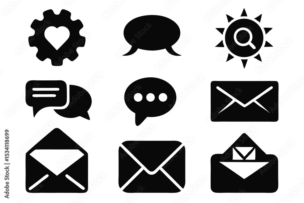 Poster collection of silhouetted communication and interface icons for websites and mobile applications