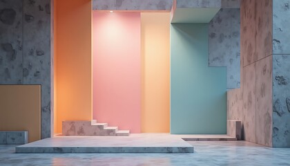 Abstract architectural interior with concrete structures and colored walls