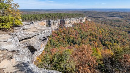 Fototapeta premium Panoramic autumn vista of a cliff overlooking a vast, colorful forest. The rocky outcrop offers a dramatic viewpoint, showcasing the vibrant foliage below