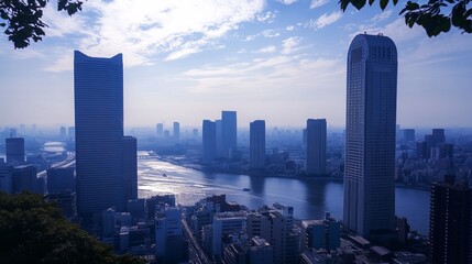 Obraz premium Panoramic city skyline view at dawn, showcasing skyscrapers, a river, and a hazy atmosphere