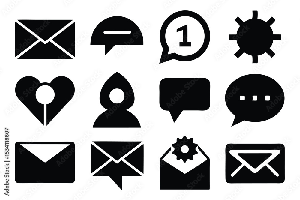 Poster collection of various black icons representing communication and notification messages and settings