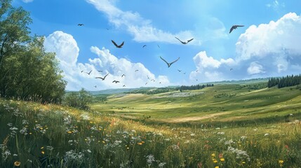 Serene landscape with wildflowers, birds in flight, and a distant village under a bright blue sky.