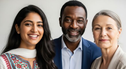 Fototapeta premium Smiling diverse business team of three colleagues looking at camera in the office. Teamwork concept.