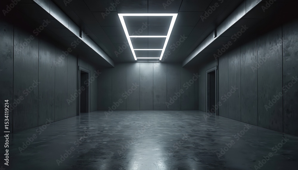 Poster Empty dark room illuminated by ceiling light. Industrial concrete walls. Modern interior design architecture space. Minimalist design with shadows creating depth. Empty space hall for exhibition.
