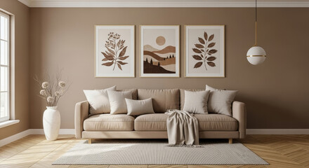 Modern Living Room Interior with Beige Sofa, Abstract Botanical Art Prints, and Warm Natural Light – Minimalist Home Decor and Comfortable Design