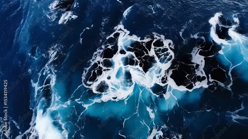 Poster aerial view of deep blue ocean water with white foam and textures creating abstract patterns during 
