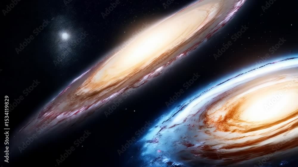 Poster two large galaxies collide and interact against a backdrop of stars in the vastness of space.