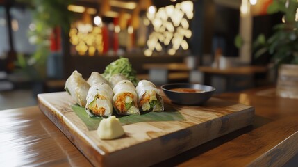 Exotic Fresh Spring Rolls Presentation on Wooden Board in Restaurant Setting