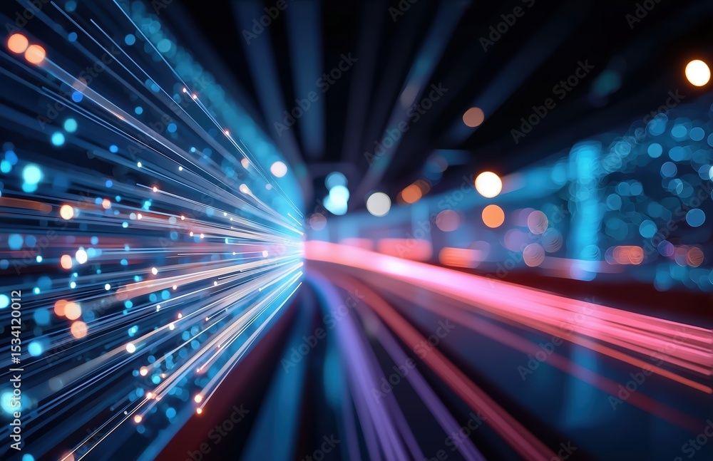 Poster Abstract digital background with dynamic light trails and glowing data connections symbolizing high-speed cloud computing, cybersecurity, and futuristic technology innovation​
