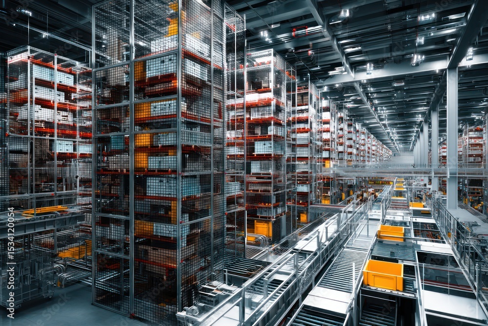 Poster smart warehouse with drones and digital systems organizing and managing inventory operations.