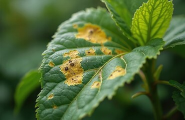 Fototapeta premium Close-up of tobacco plant leaf shows yellow spots, potential tobacco mosaic virus, fungal infection. Green foliage nature outdoor background, agriculture farming concept. Tobacco leaf damaged by