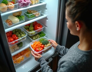 Woman meal preps healthy food in fridge. Organizes portioned containers of fresh vegetables fruits. Concept of healthy eating lifestyle, food storage, home cooking, weight loss, eco-friendly. Focus