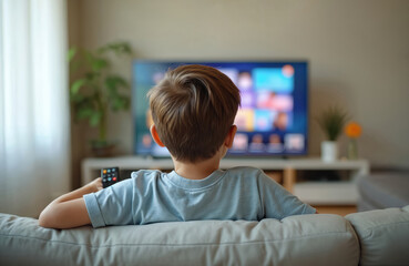 Young boy sits on couch watching TV. Child switches channels using remote control. Focused kid watching content, relaxing at home. TV screen shows program, indoor leisure.