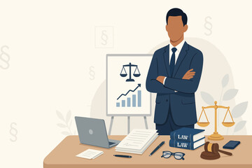 Faceless legal counsel character standing arms crossed beside legal chart with laptop law books gavel scales flat vector illustration